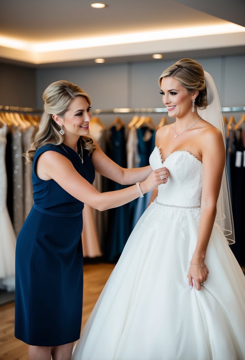 A maid of honor attentively assists the bride during wedding dress shopping, offering patient support and feedback