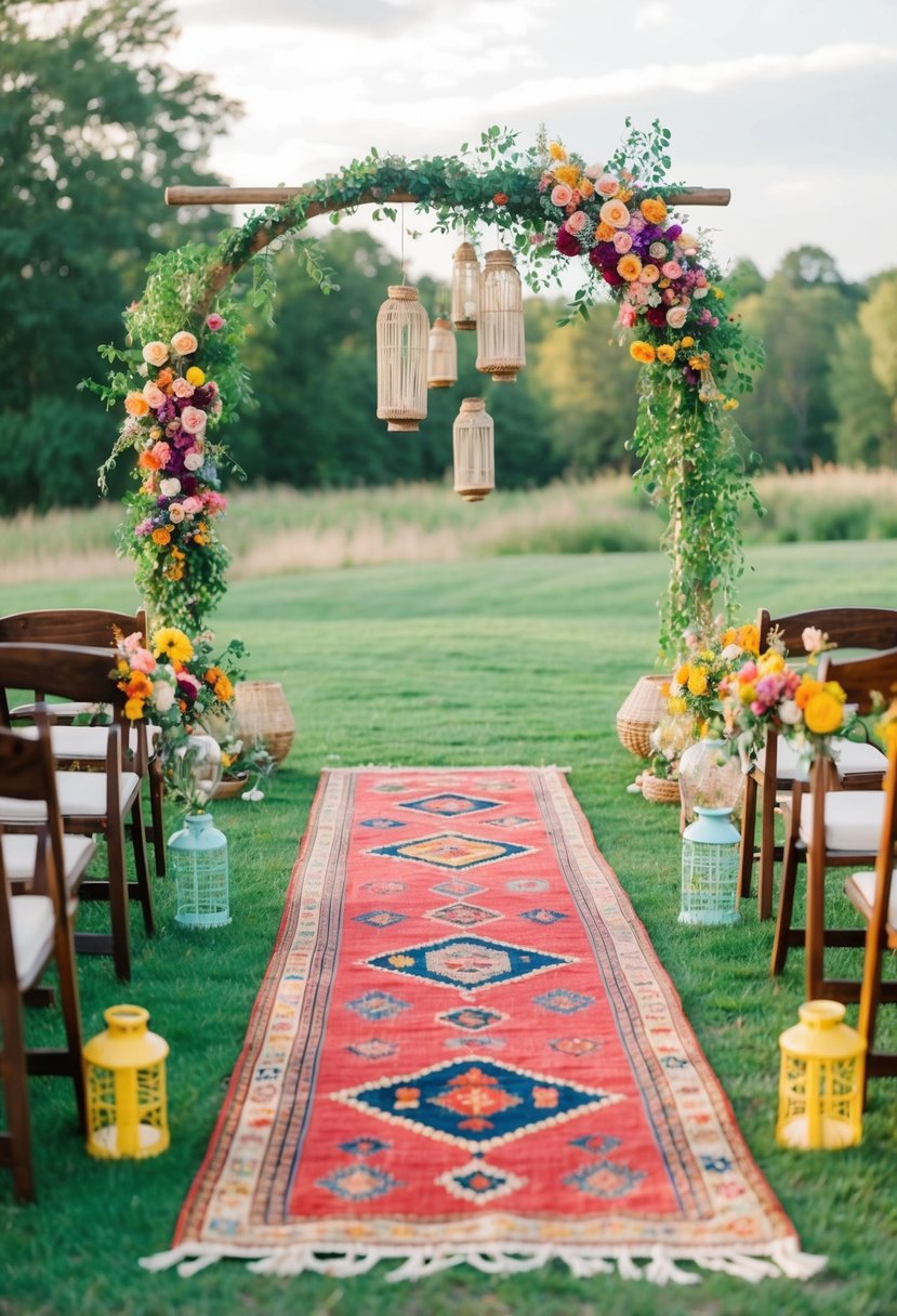 A colorful outdoor boho wedding with a flower-adorned arch, vintage rugs, and hanging lanterns