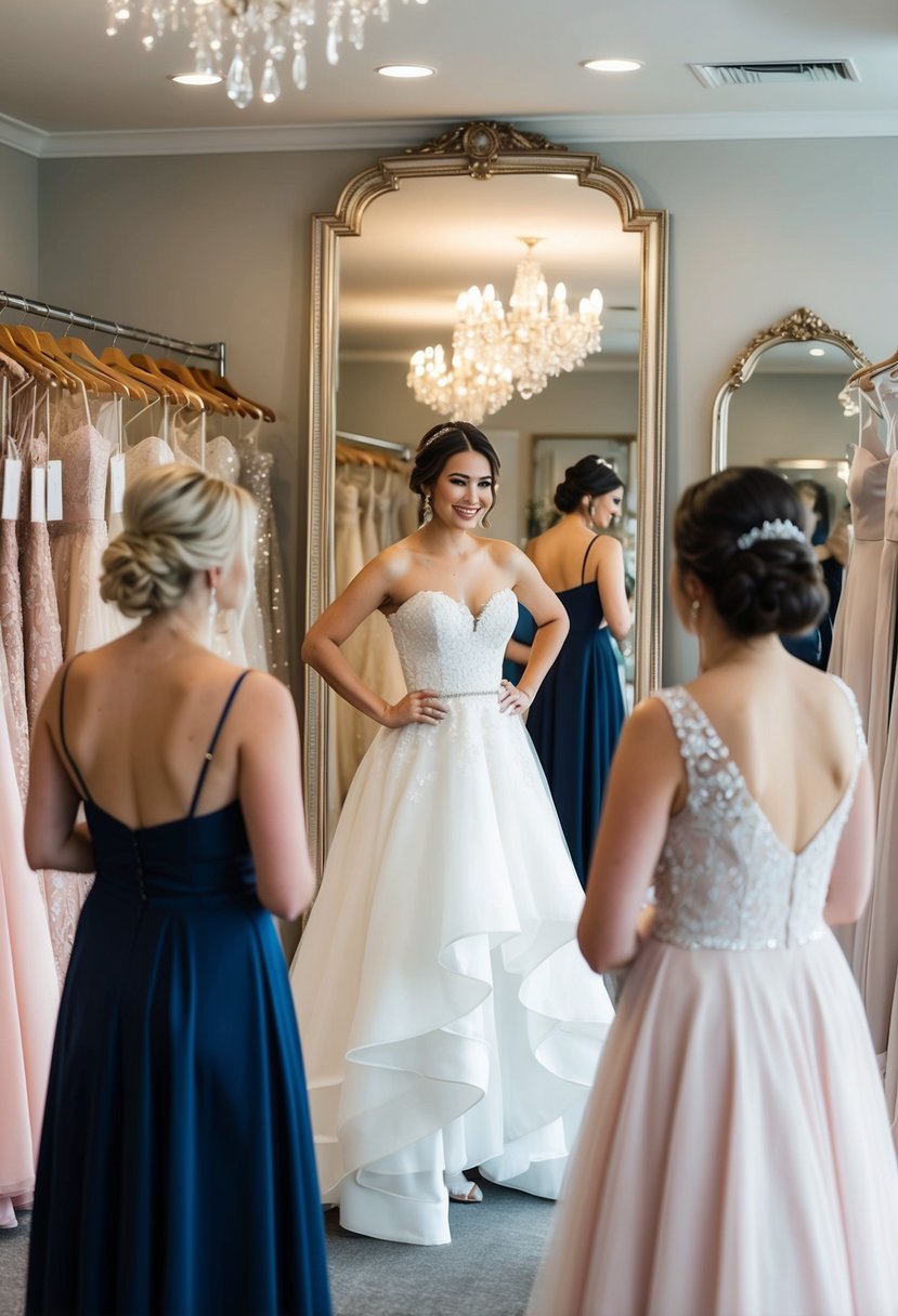 A maid of honor trying on different dress styles in a bridal boutique, surrounded by racks of elegant gowns and mirrors