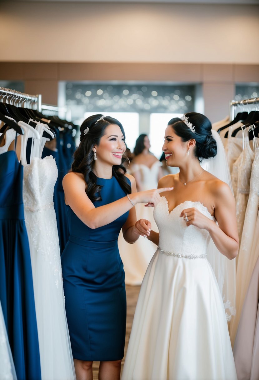 A maid of honor offers encouraging words to a bride as they browse through racks of wedding dresses, smiling and pointing out beautiful options