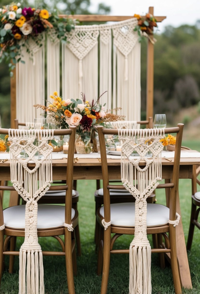 A cozy boho wedding setting with macrame details adorning the chairs, table, and backdrop. Vibrant florals and earthy tones complete the decor