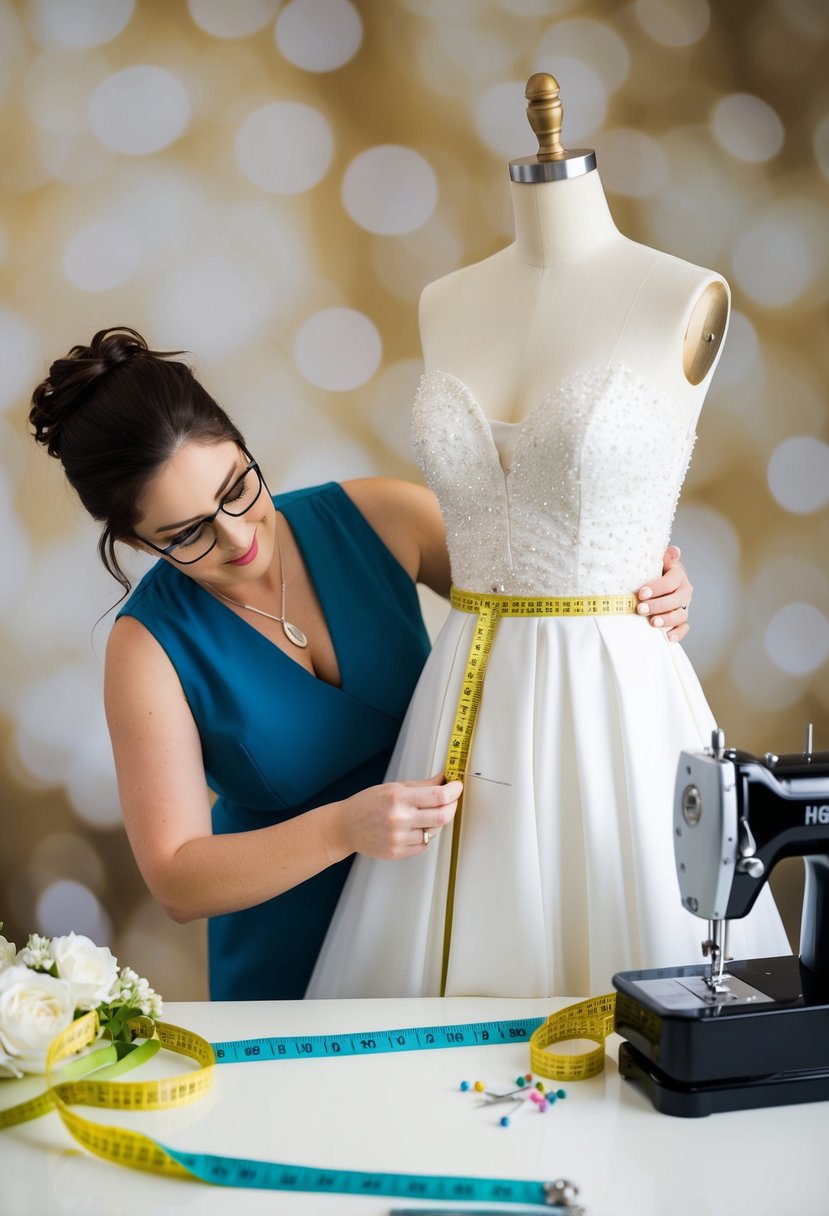 A seamstress carefully pins and adjusts a wedding dress on a dress form, surrounded by measuring tape, pins, and a sewing machine