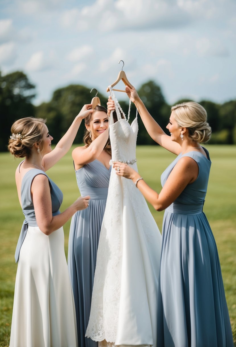 A maid of honor holds up different wedding dress styles for the bride to envision her complete look