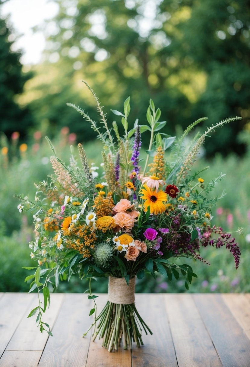 A lush bouquet of colorful wildflowers arranged in a loose, organic style, with sprigs of greenery and delicate blooms creating a bohemian, free-spirited feel