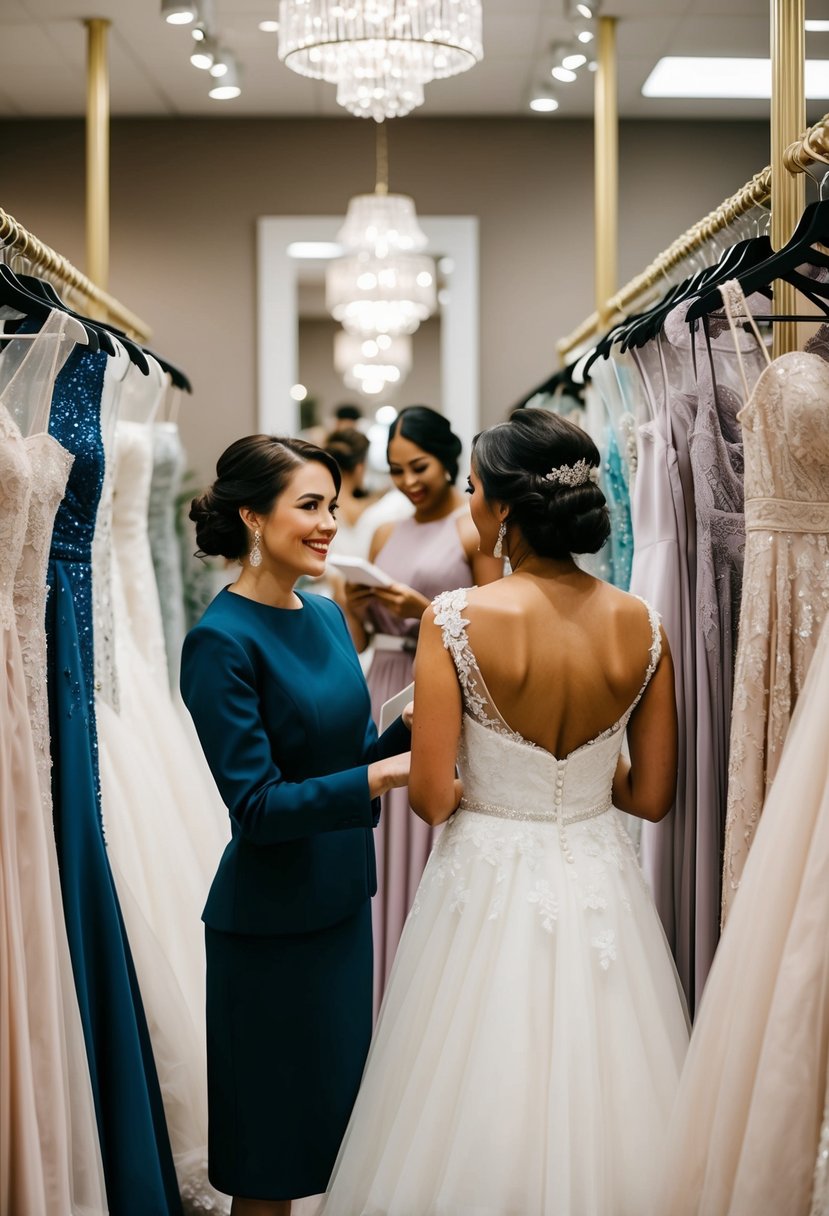 A maid of honor browsing wedding dresses at a boutique, surrounded by racks of gowns and a helpful salesperson offering advice