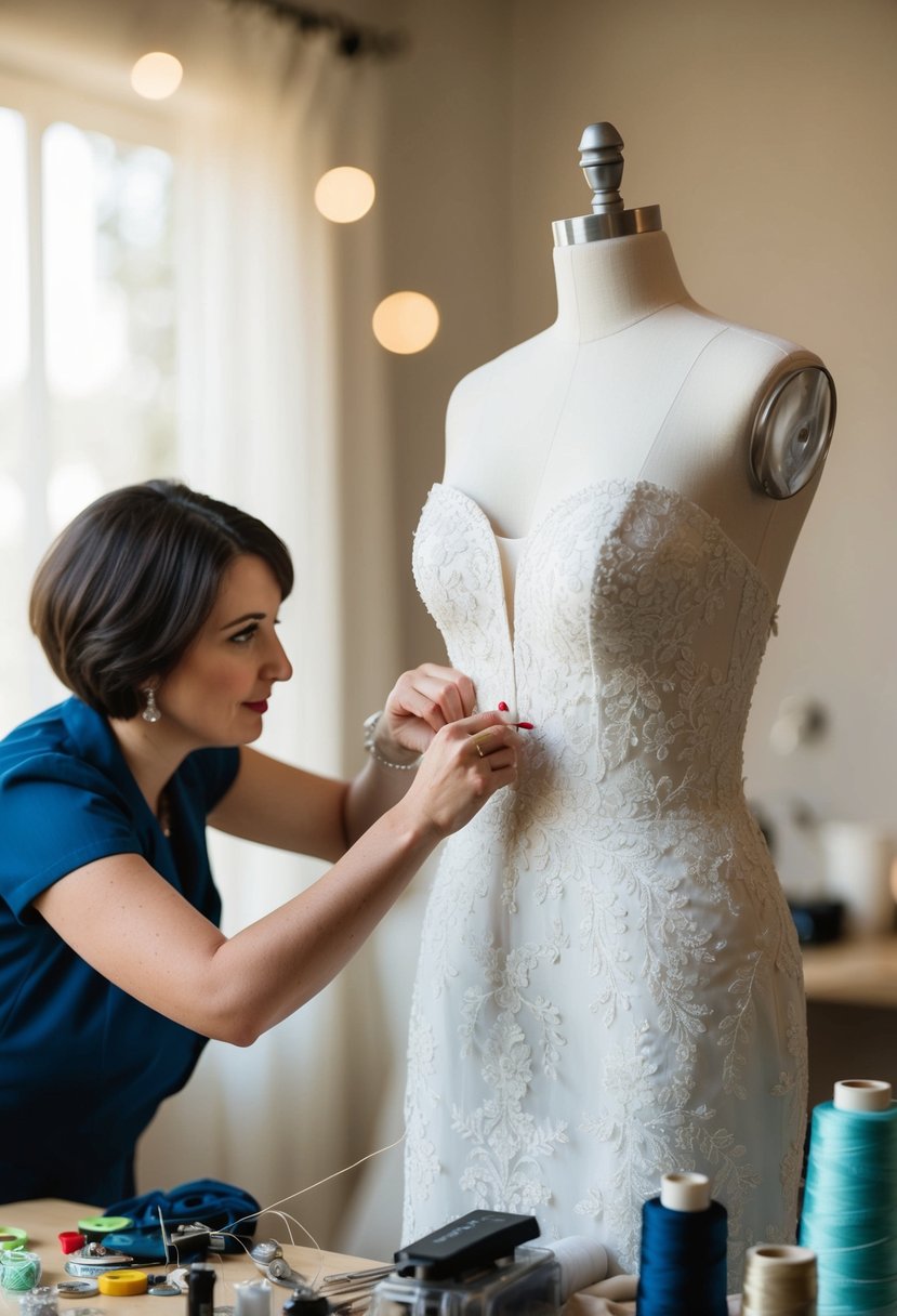 A seamstress carefully pinning and adjusting a wedding dress on a mannequin, surrounded by a variety of sewing tools and materials