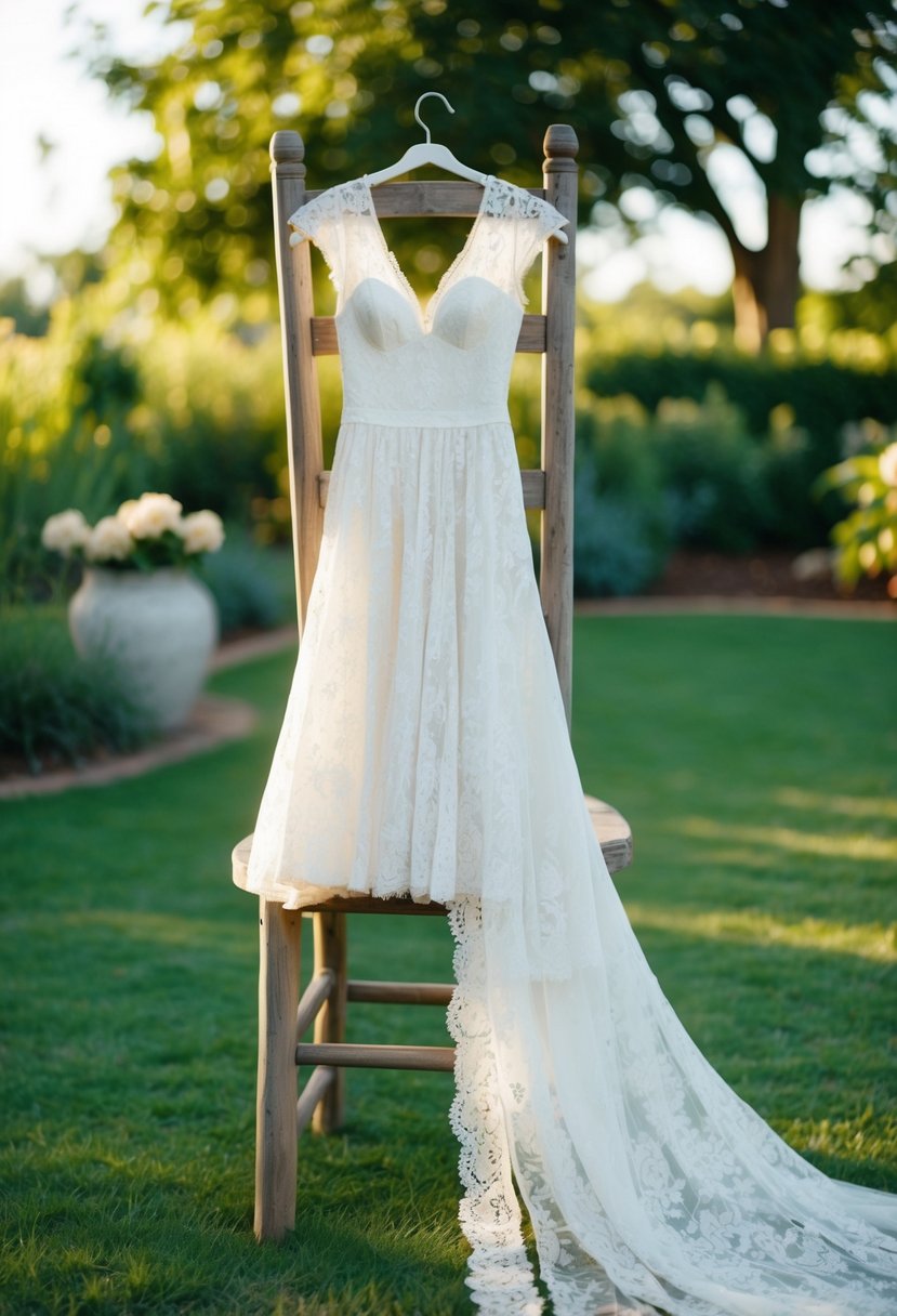 A vintage lace wedding dress draped over a rustic wooden chair in a sunlit bohemian garden setting