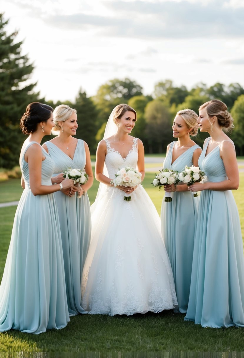 Bridal party discussing wedding dress styles and tips for the maid of honor