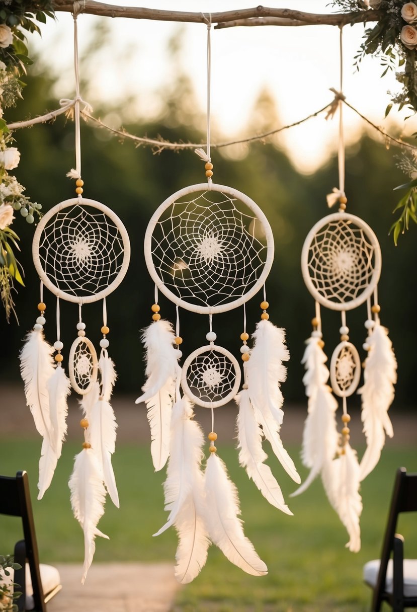 Dreamcatchers hang as ceremony backdrops in a boho wedding, adding a whimsical and spiritual touch to the outdoor setting