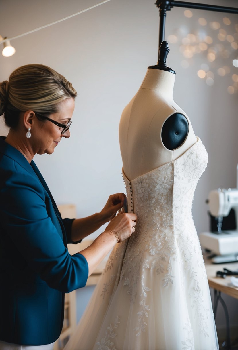 A seamstress pinning a wedding dress on a mannequin