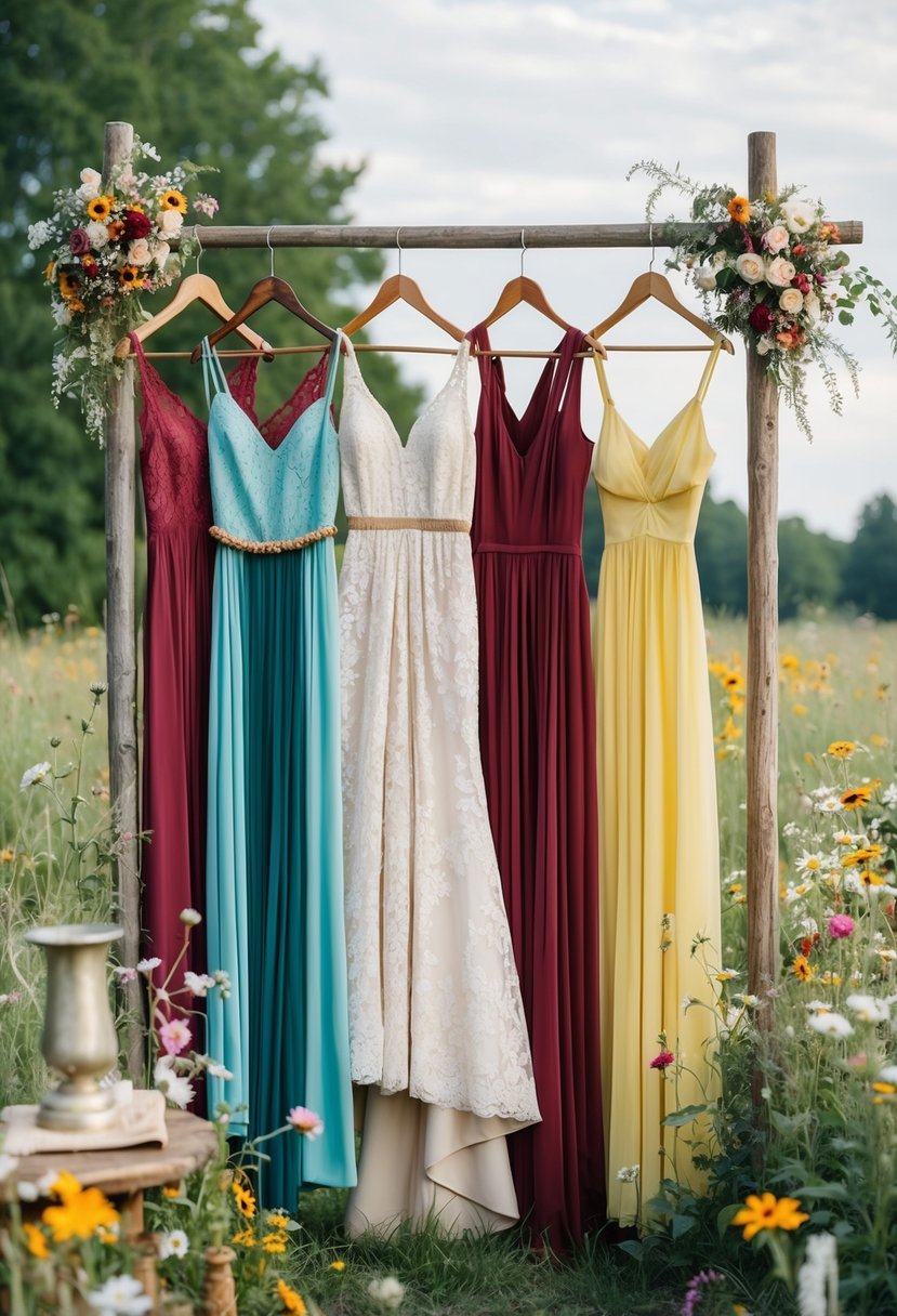 Mismatched bridesmaid dresses in various boho styles hang on a rustic wooden rack, surrounded by wildflowers and vintage decor