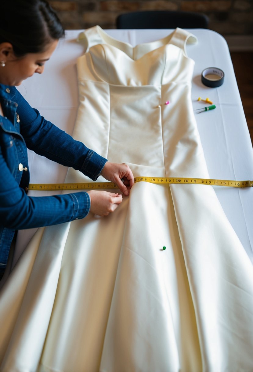 A wedding dress laid out on a table with pins and measuring tape, as an individual makes adjustments to the hem and waistline