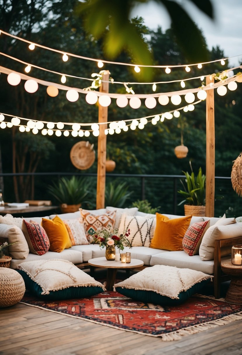 A cozy lounge area with floor cushions and boho decor for a wedding