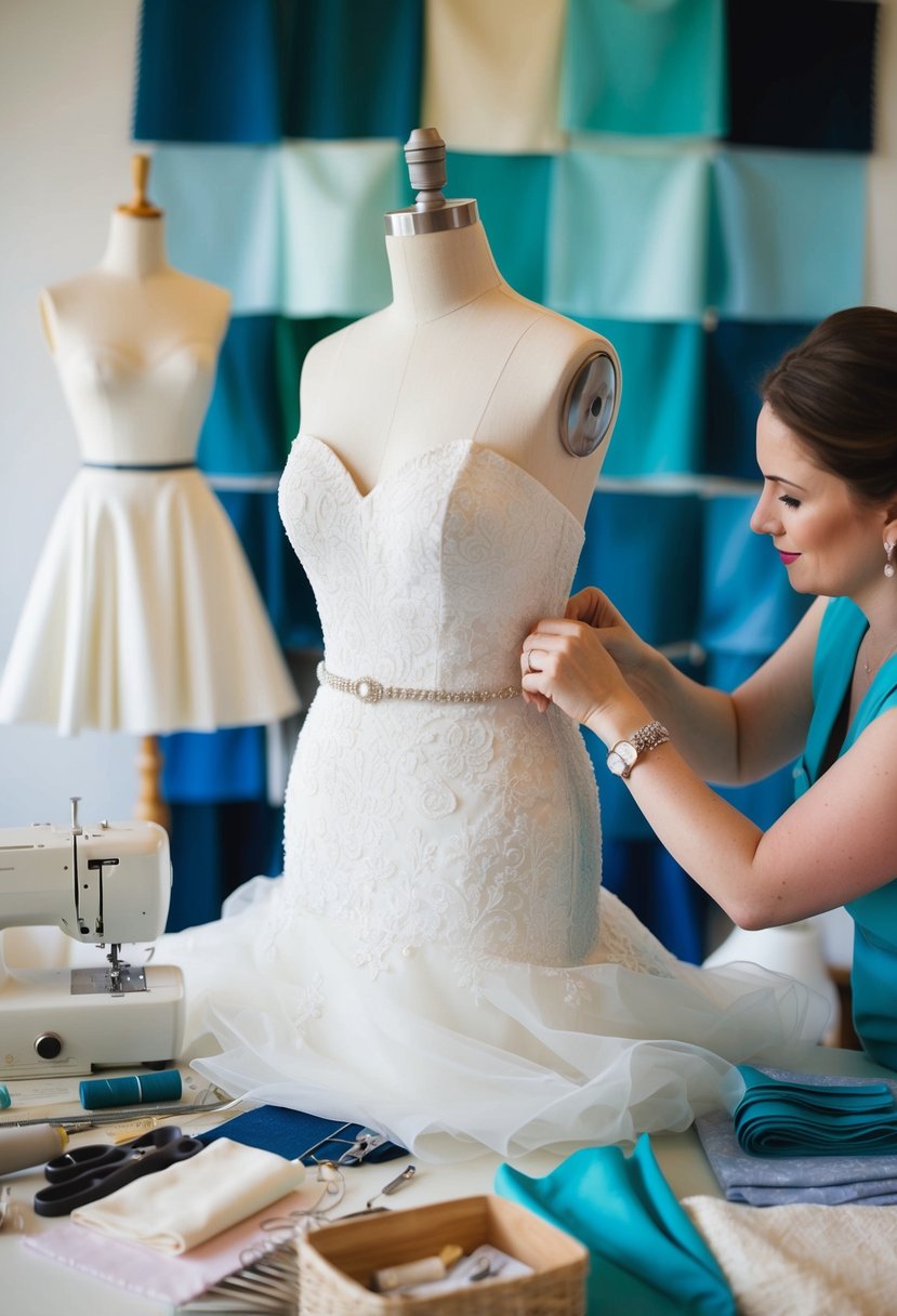 A seamstress pinning a wedding dress on a mannequin, surrounded by fabric swatches and sewing tools