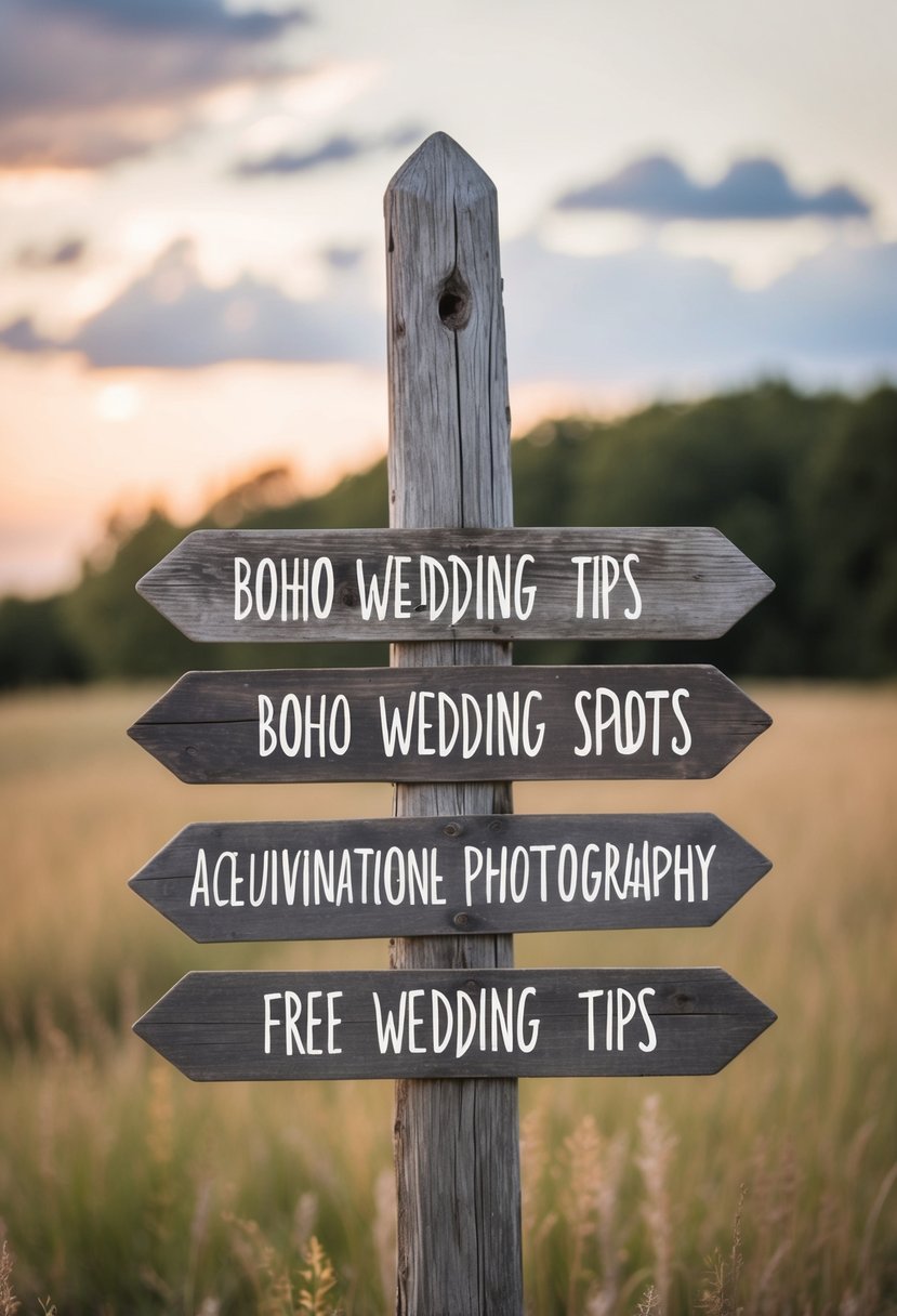 A weathered wooden signpost points to various boho wedding tips