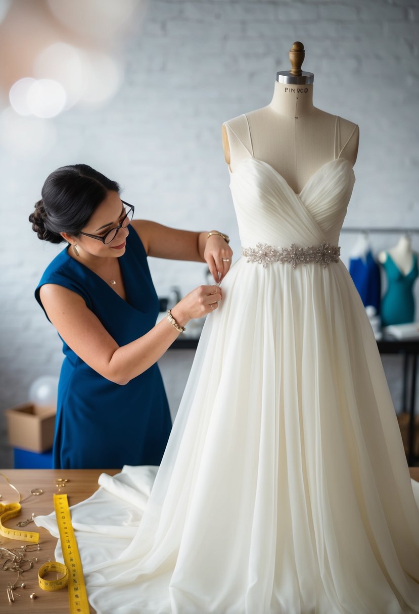 A seamstress expertly pins and adjusts a flowing wedding dress on a mannequin. Pins and measuring tape are scattered on the work table