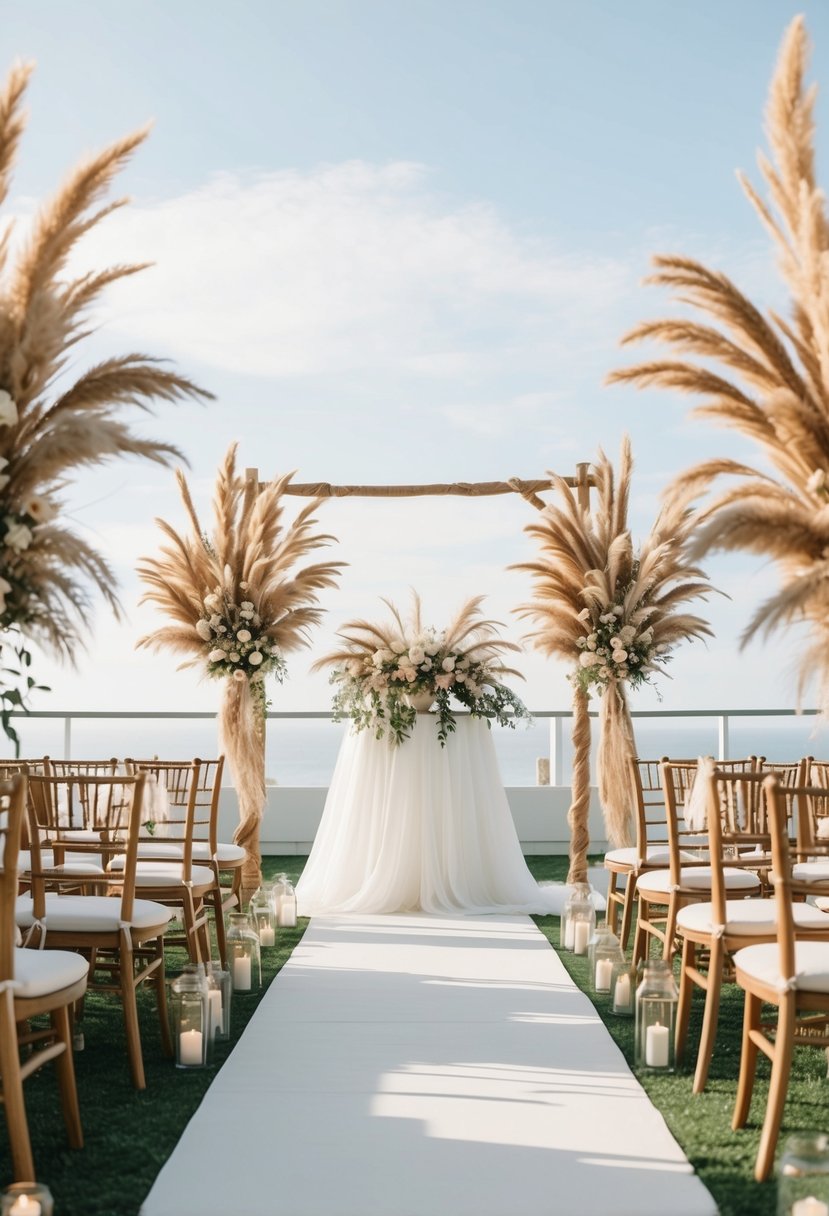 A boho wedding scene with pampas grass arrangements adorning the ceremony and reception area