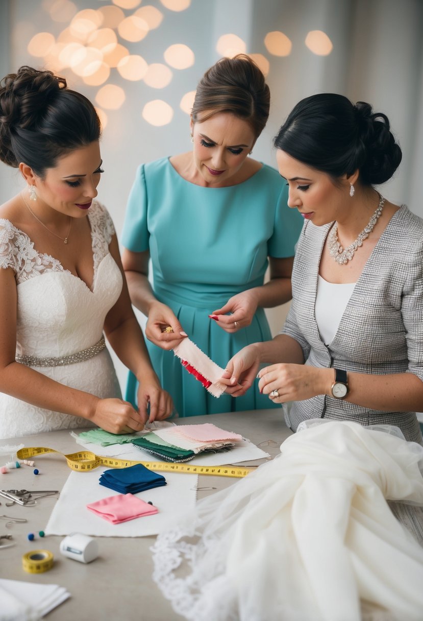 A seamstress and a bride-to-be examine fabric swatches and discuss alterations for a wedding dress. Pins and measuring tape are scattered across the work table