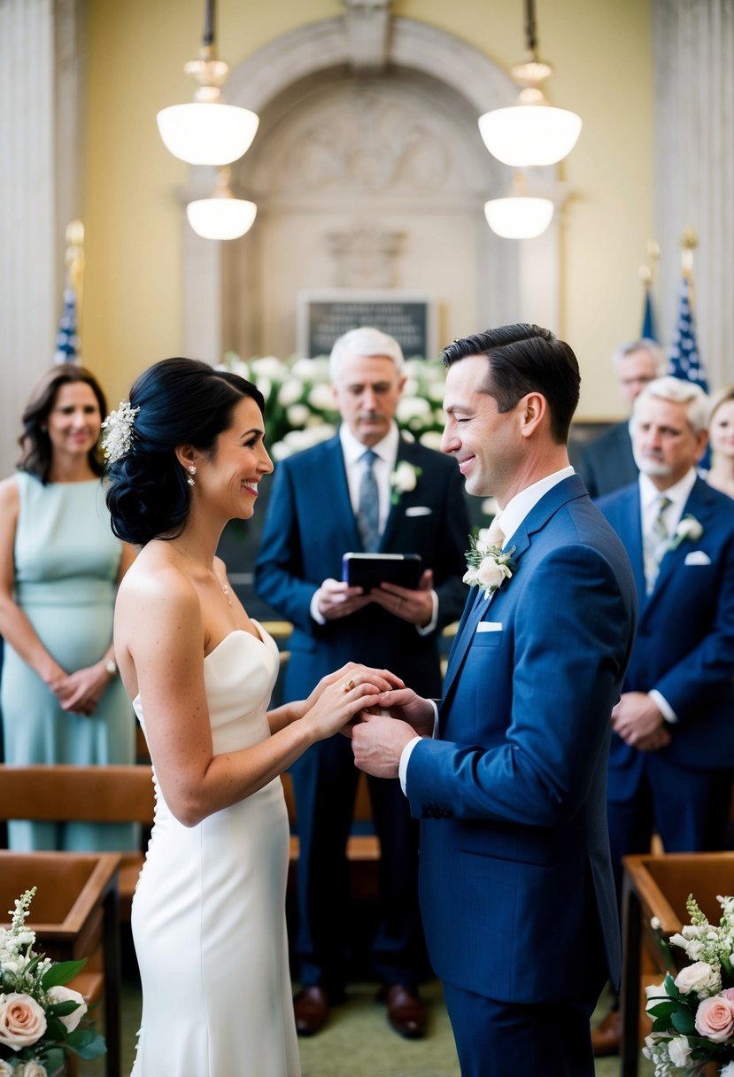 A bride and groom exchange rings at a simple, elegant ceremony in a city hall. Flowers decorate the room, and a small group of family and friends look on