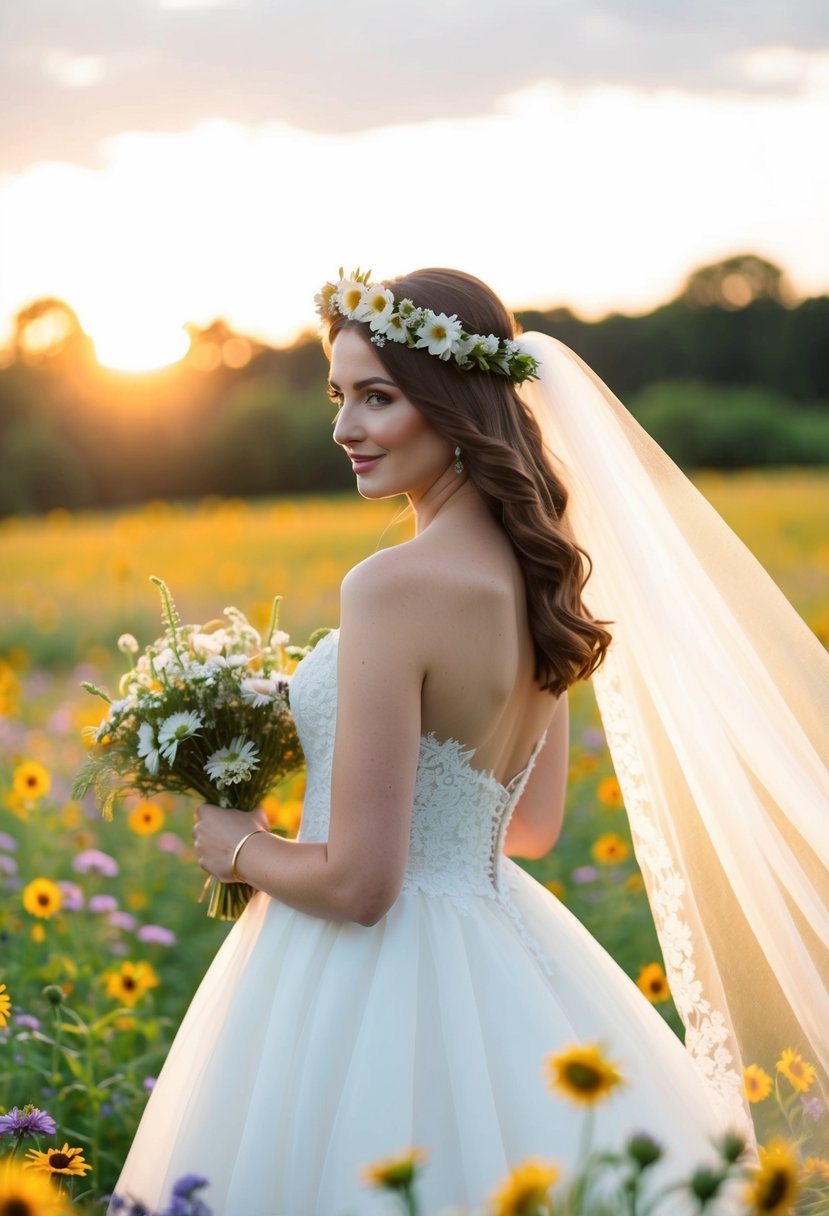 A bride wearing a flower crown stands in a field of wildflowers, with the sun setting behind her and a gentle breeze blowing her veil