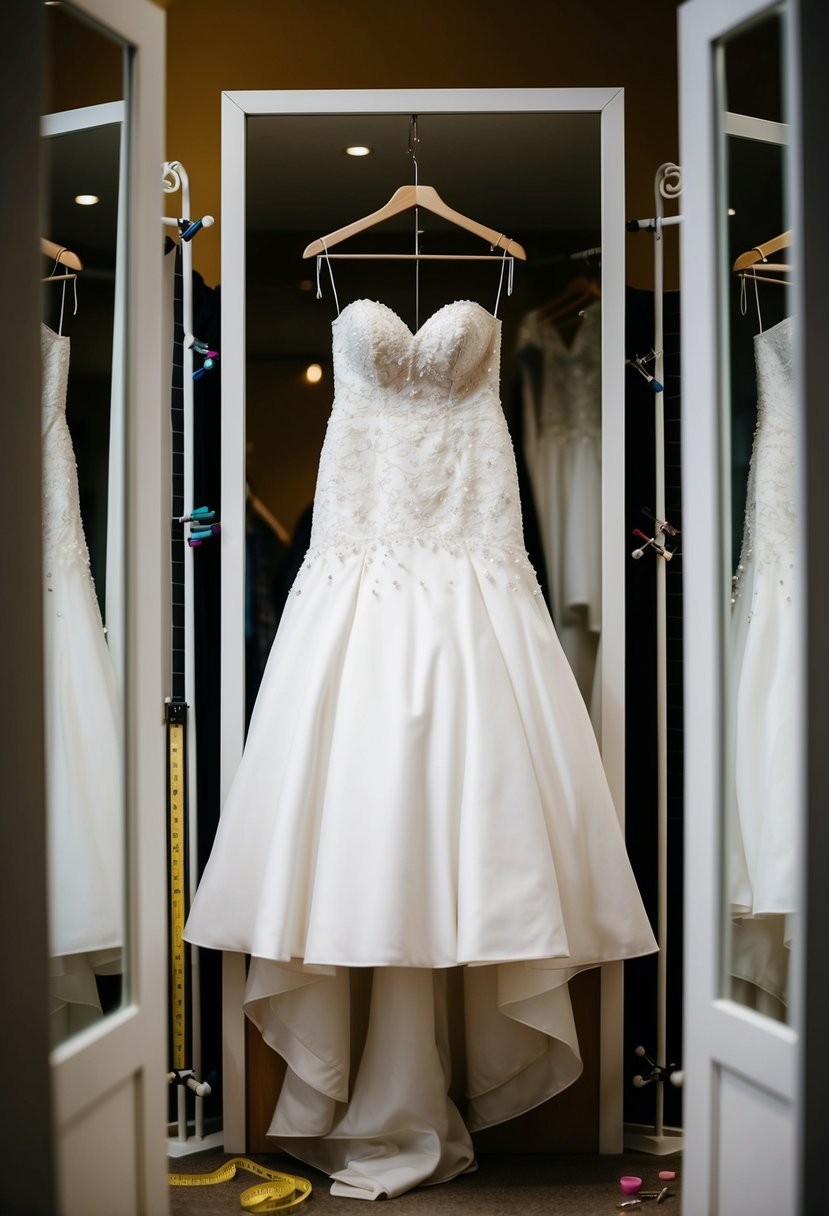 A bridal gown hanging on a dress form, surrounded by pins, needles, and a measuring tape. A mirror reflects the dress from different angles