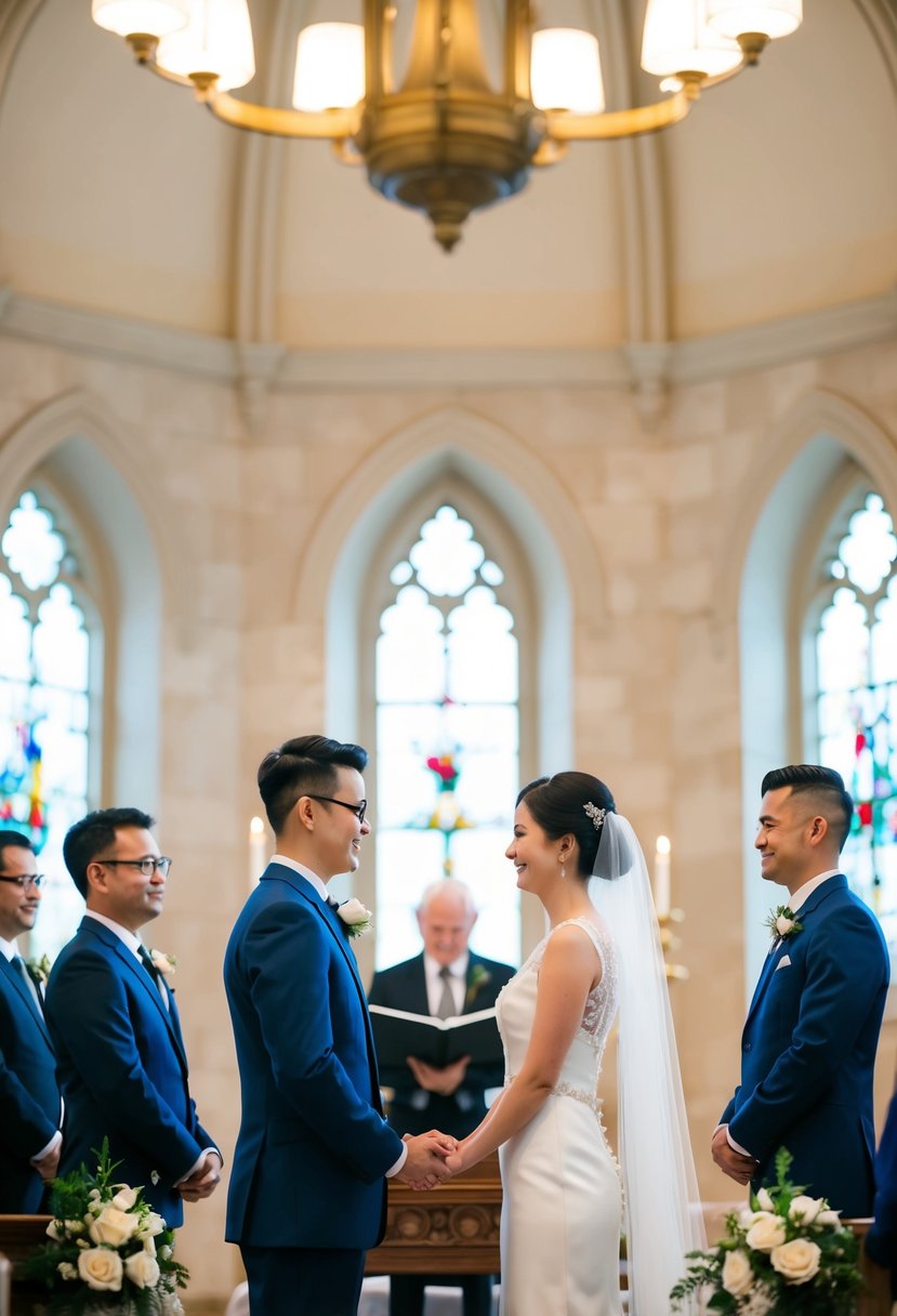 A couple stands at the altar, exchanging vows as soft music fills the air. The melody reflects their love and sets the tone for their meaningful civil wedding ceremony