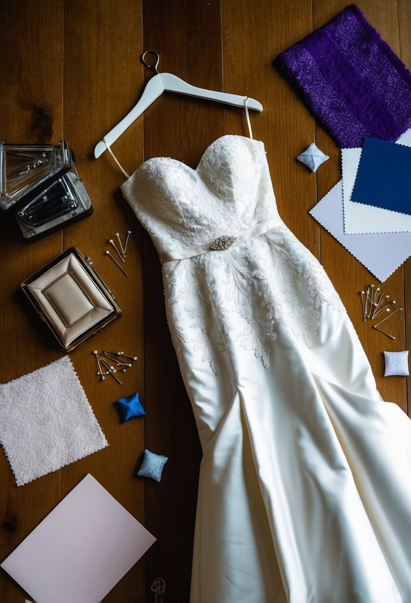 A wedding dress laid out on a dress form, surrounded by pins and fabric swatches