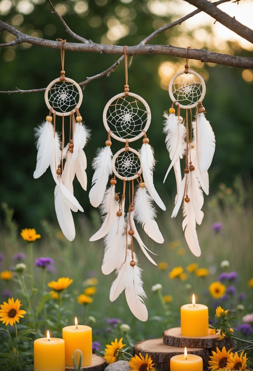 Feathers woven into dreamcatchers hang from branches, surrounded by wildflowers and candles