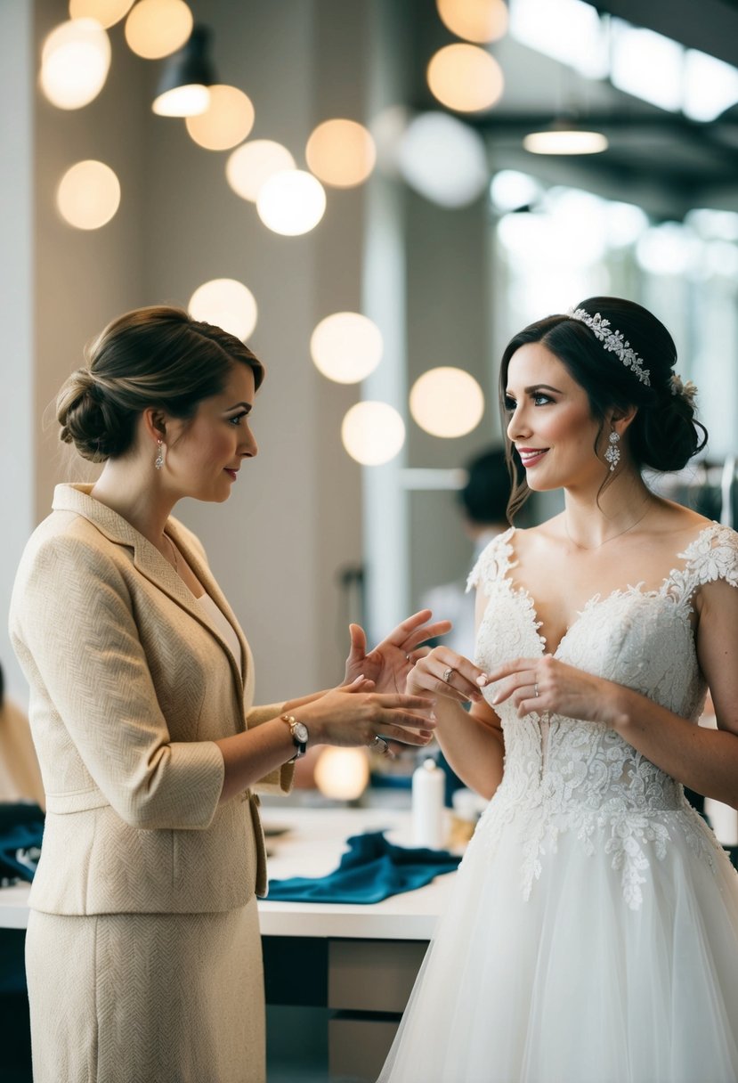 A bride and a tailor discussing wedding dress alterations with hand gestures and a clear communication