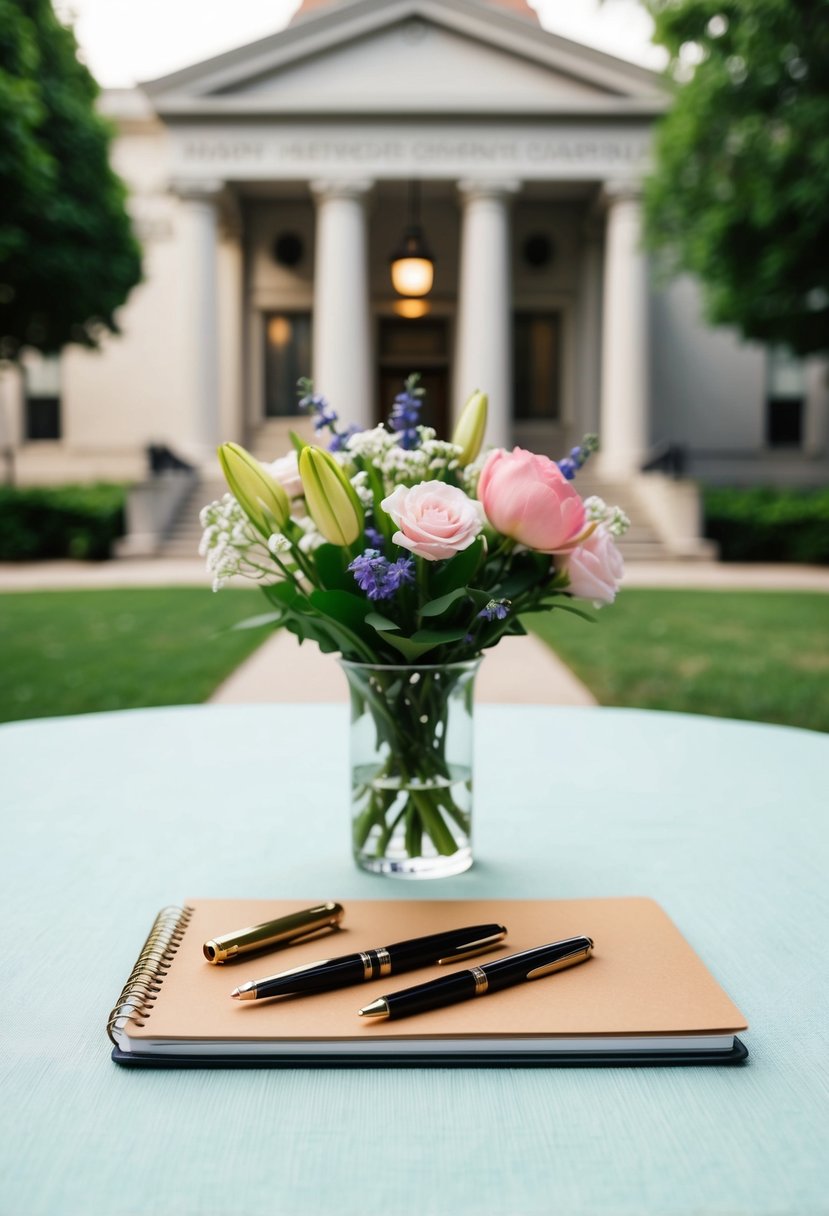 A table adorned with two elegant pens, a notebook, and a bouquet of flowers, set against a backdrop of a serene courthouse garden