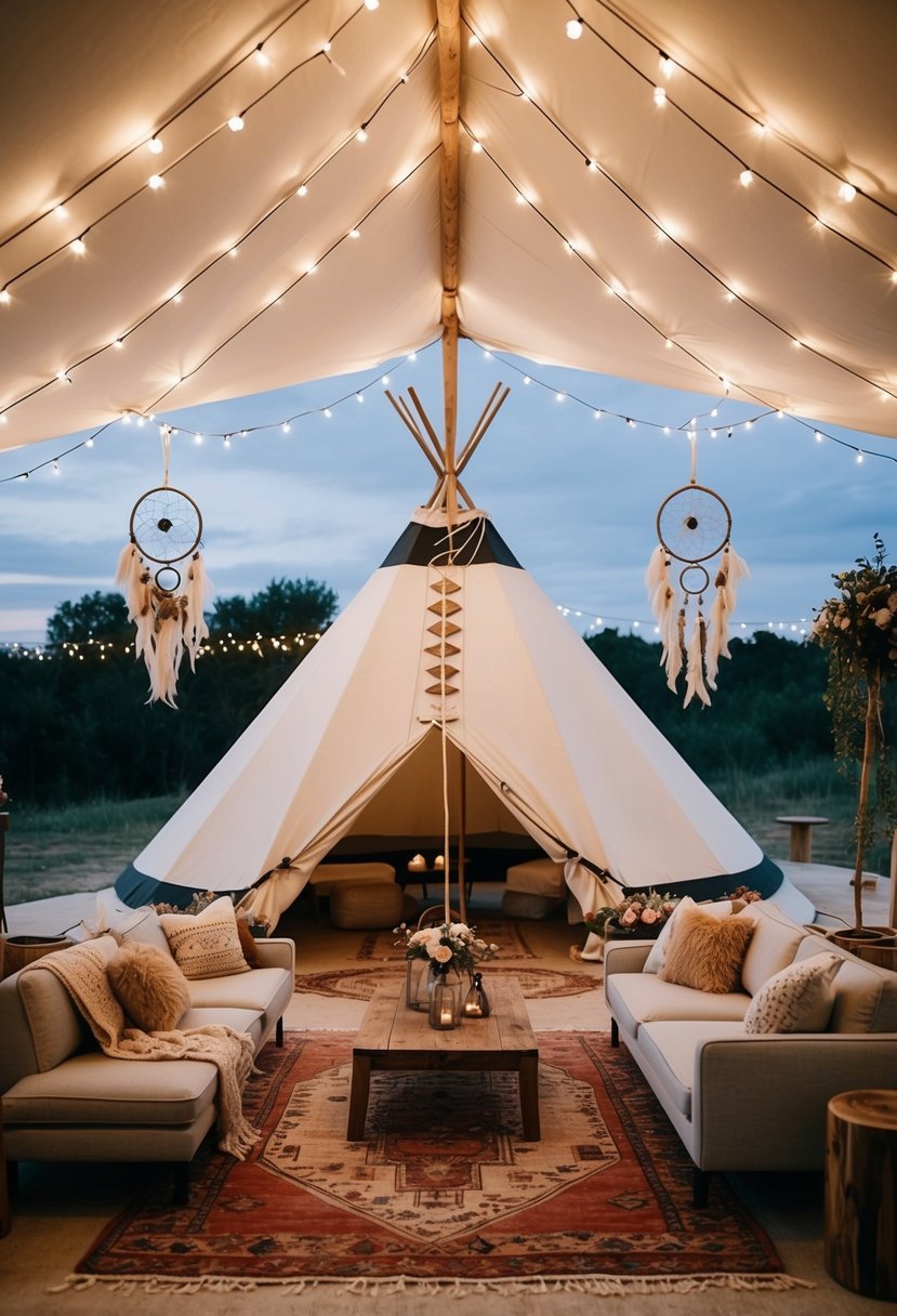 A boho wedding reception lounge with a tipi, cozy seating, rugs, and dreamcatchers under a canopy of twinkling lights