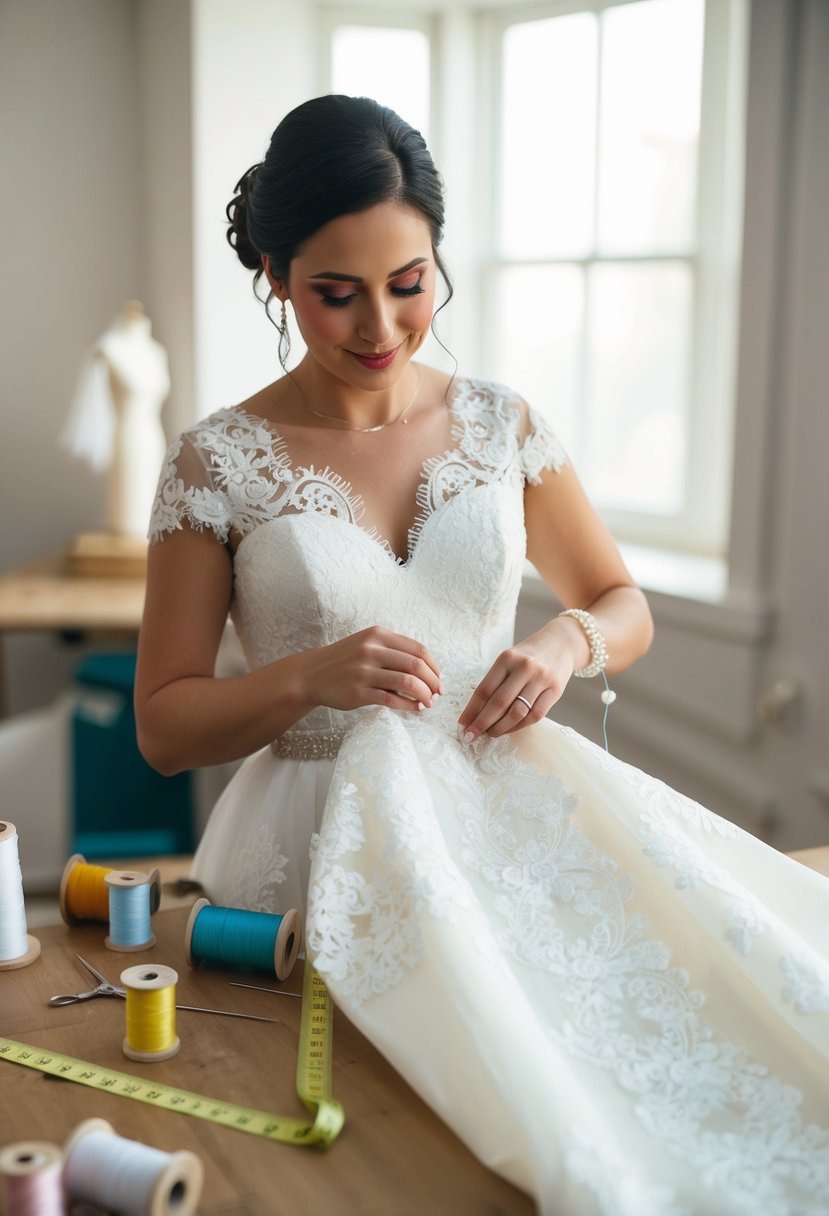 A seamstress carefully pins and adjusts delicate lace on a wedding dress, surrounded by spools of thread and measuring tape