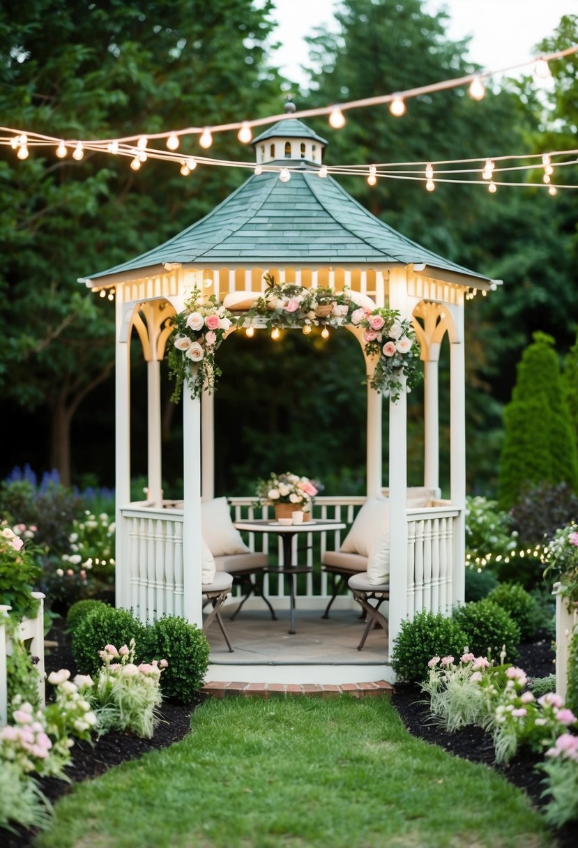 A cozy, intimate garden gazebo with delicate floral decorations and soft string lights