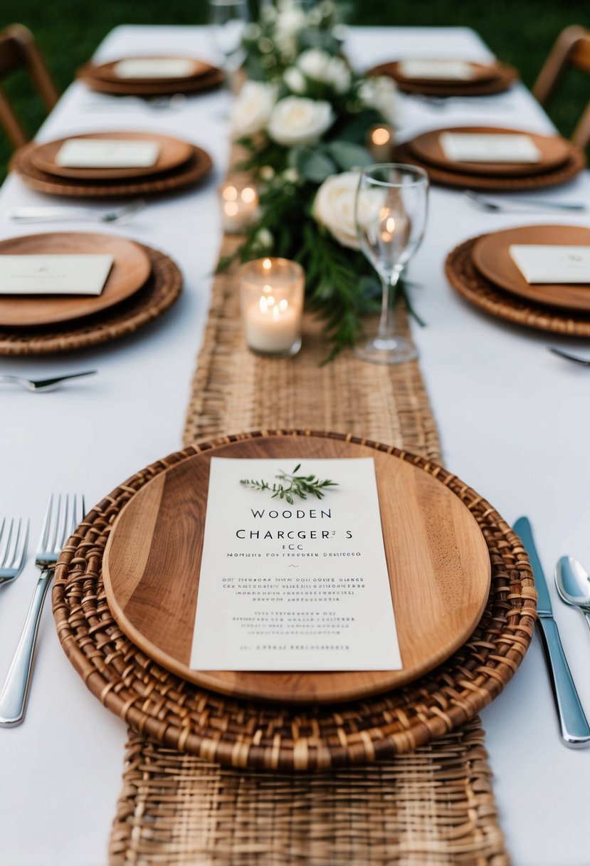 Wooden chargers arranged under woven placemats on a boho wedding table