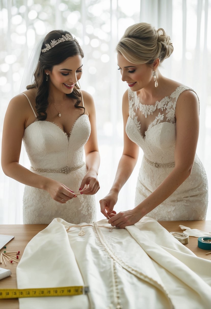 A bride and friend discuss wedding dress alterations, with pins, fabric, and measuring tape on a table