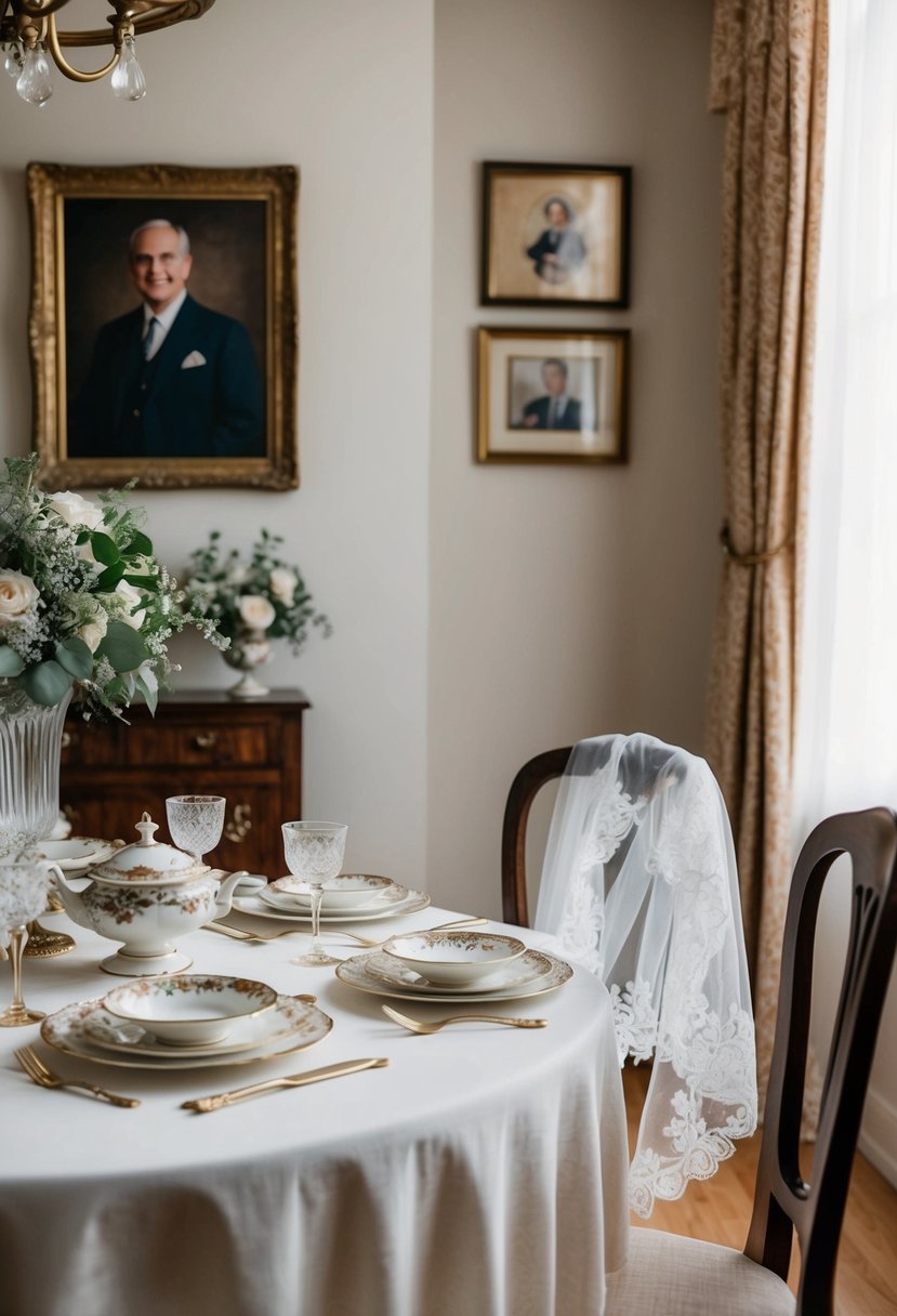 A table set with antique china, a vintage lace veil draped over a chair, and a framed family portrait on the wall