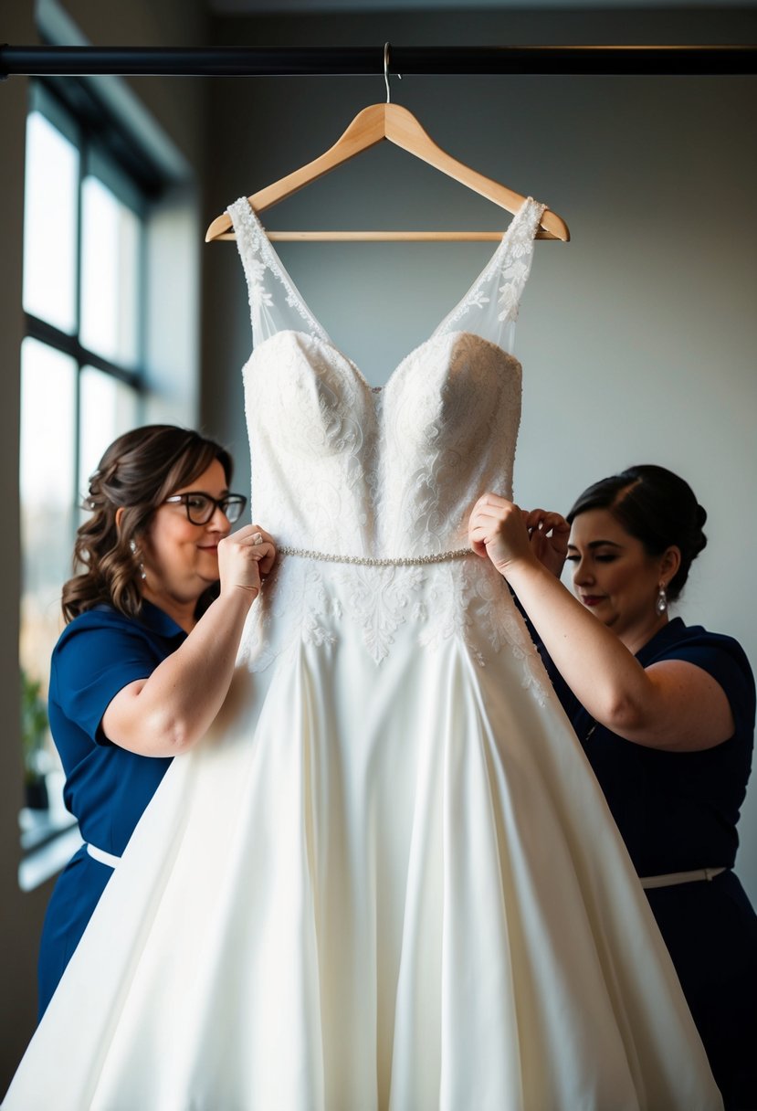 A wedding dress hanging on a hanger, with a seamstress pinning and adjusting the fabric to accommodate seasonal weight changes