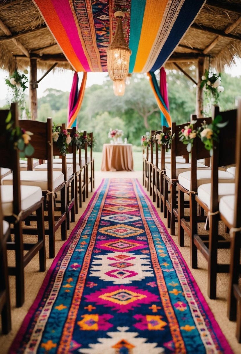 A colorful bohemian rug-lined aisle leads to a cozy ceremony spot, with vibrant patterns and textures creating a boho wedding atmosphere