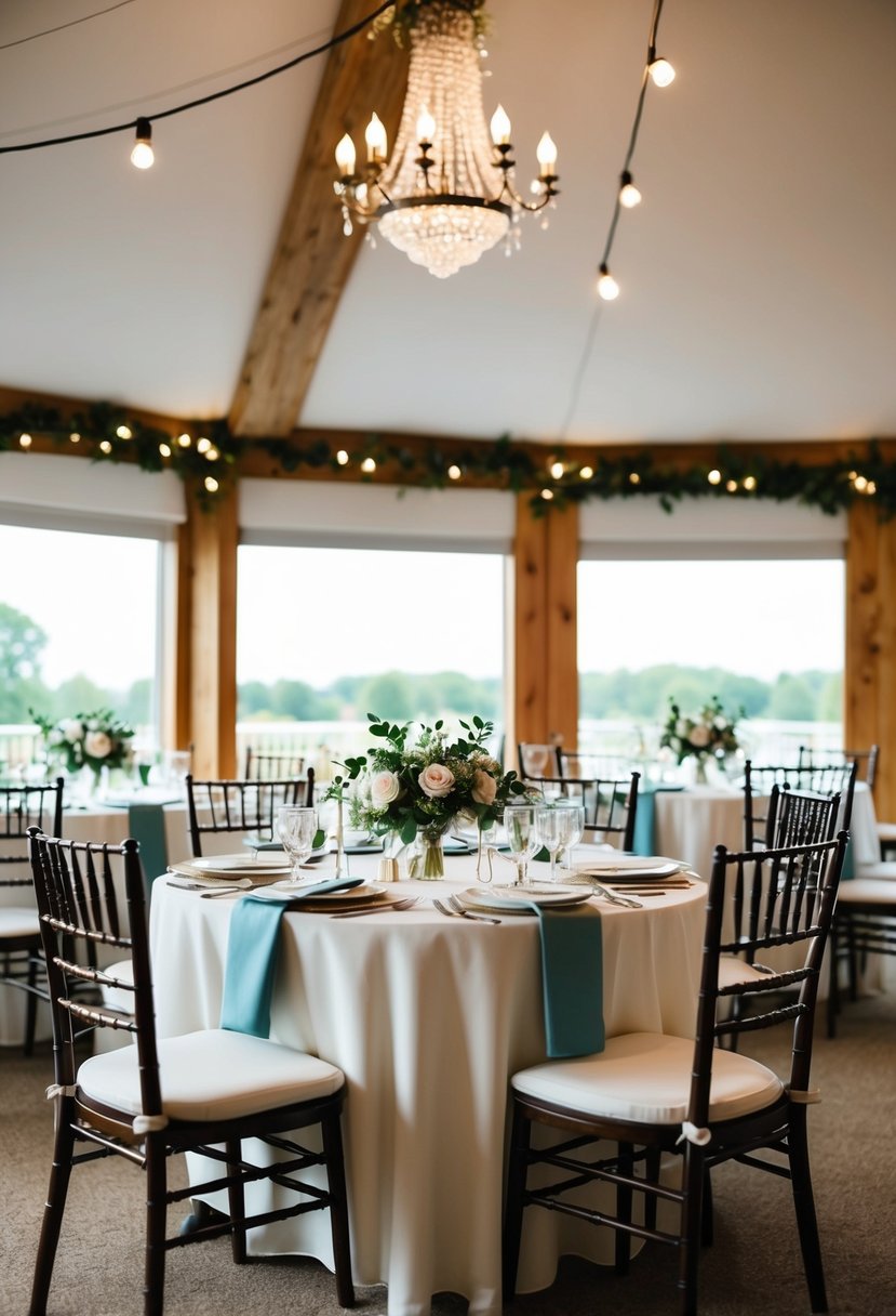 A small, cozy venue with a beautifully decorated table set for an intimate civil wedding ceremony