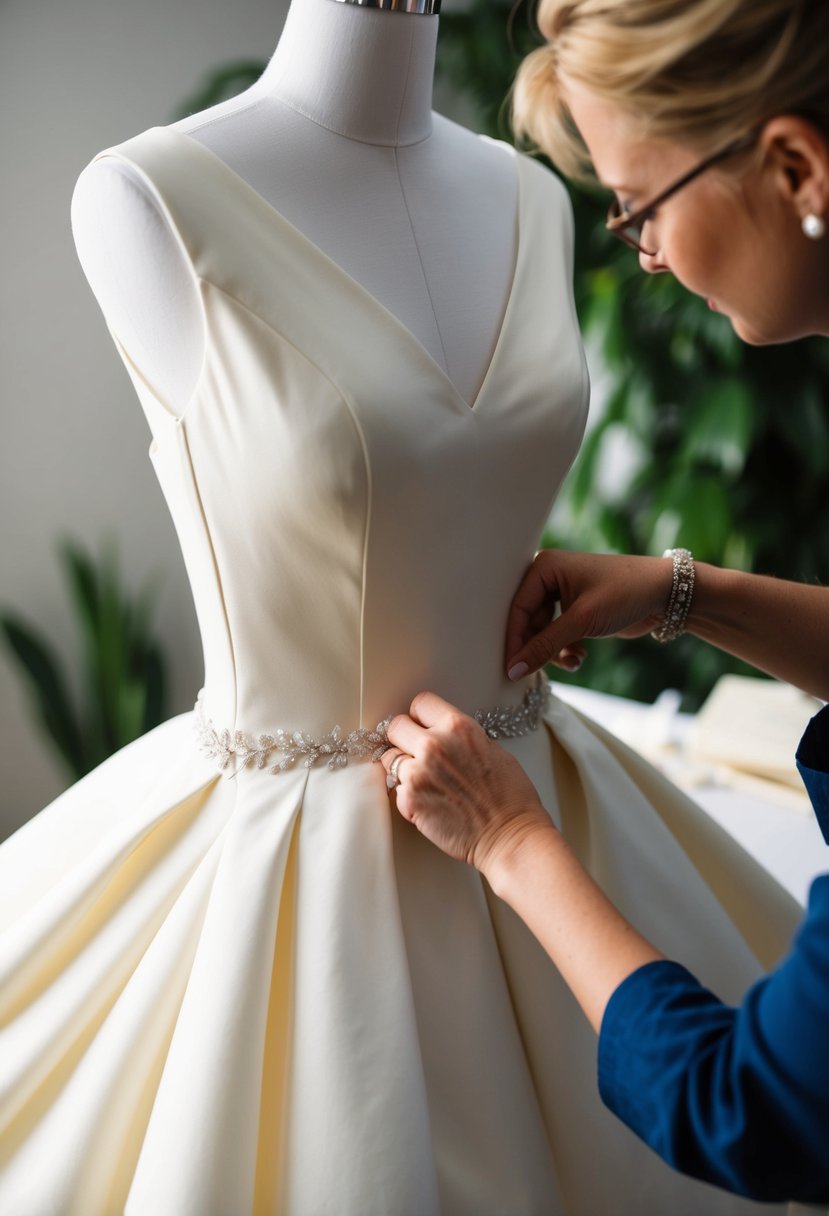 A wedding dress being carefully tailored to fit perfectly, with a focus on precision and attention to detail