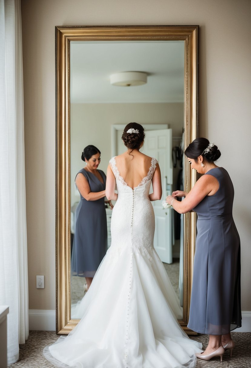 A bride standing in front of a full-length mirror, while a seamstress pins and adjusts the hem of her wedding dress