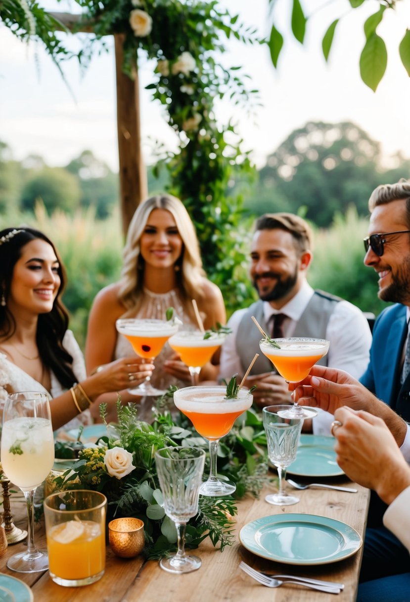 Guests enjoying artisanal cocktails at a boho wedding, surrounded by vintage glassware and lush greenery