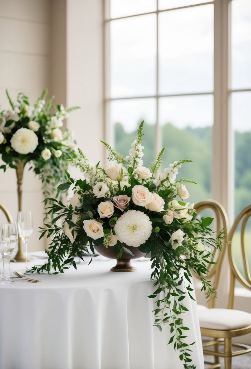 Floral arrangements adorn a simple, elegant setting for a civil wedding, creating a romantic and peaceful atmosphere