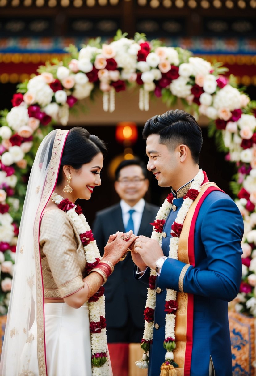 A bride and groom exchange rings under a floral arch, surrounded by traditional cultural decor and symbols