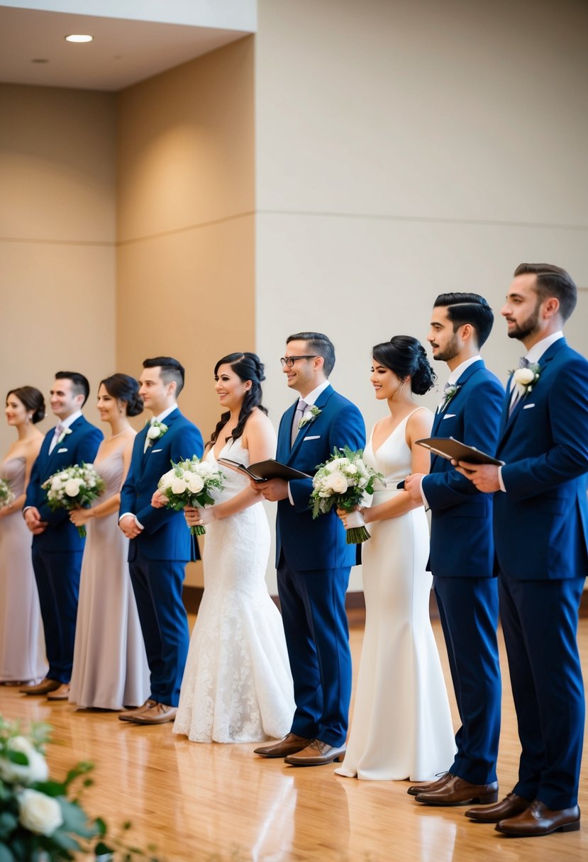 The wedding party stands in a line, practicing their positions and movements for the civil ceremony. The officiant oversees the rehearsal, ensuring everything runs smoothly