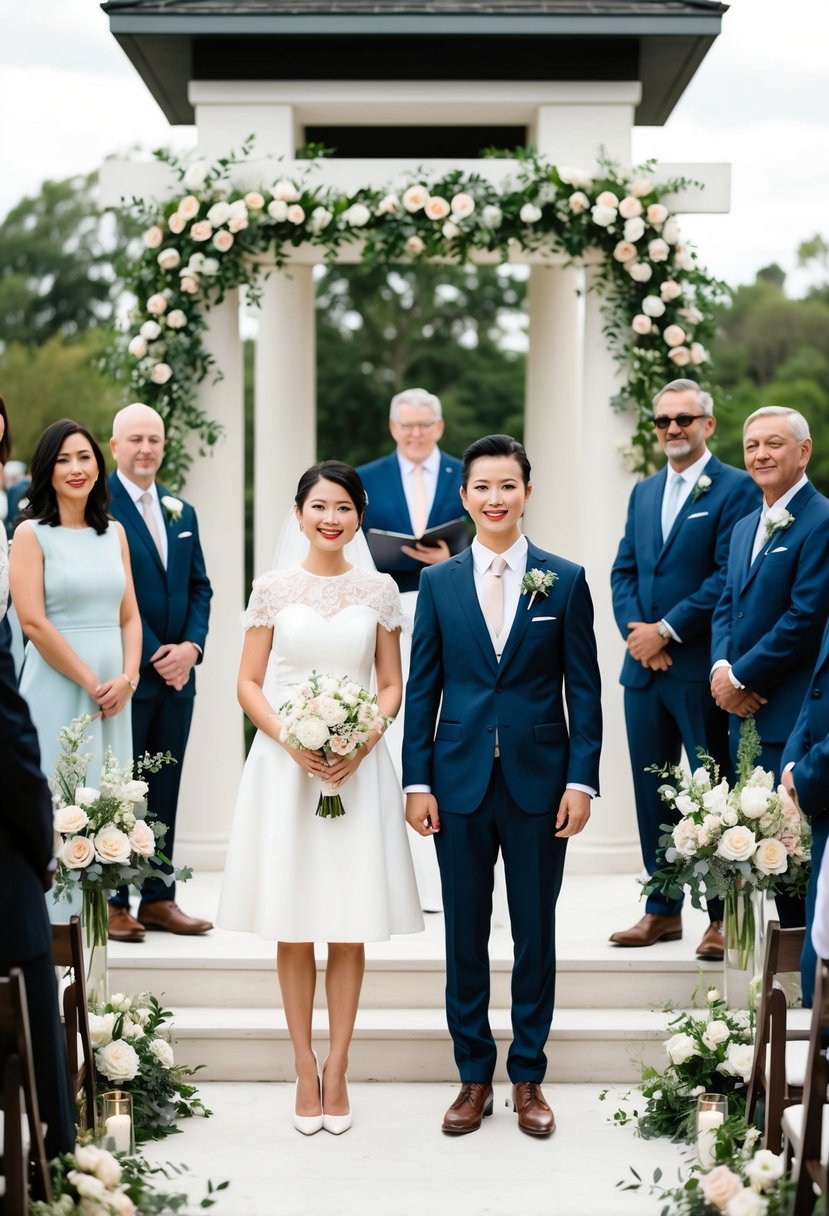 A bride and groom stand before a simple altar adorned with flowers, surrounded by close family and friends. The bride wears a chic knee-length white dress with delicate lace details, while the groom is dressed in a tailored suit with a stylish tie