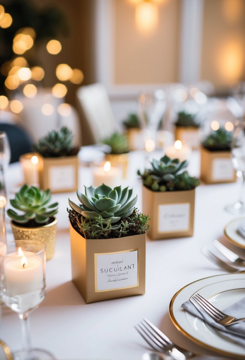 A table adorned with personalized wedding favors, such as mini succulents or custom candles, displayed in elegant packaging