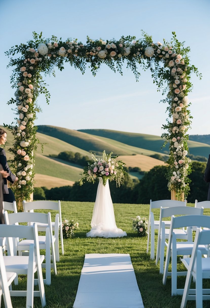 A serene outdoor wedding ceremony with a floral arch, white chairs, and a scenic backdrop of rolling hills and a clear blue sky