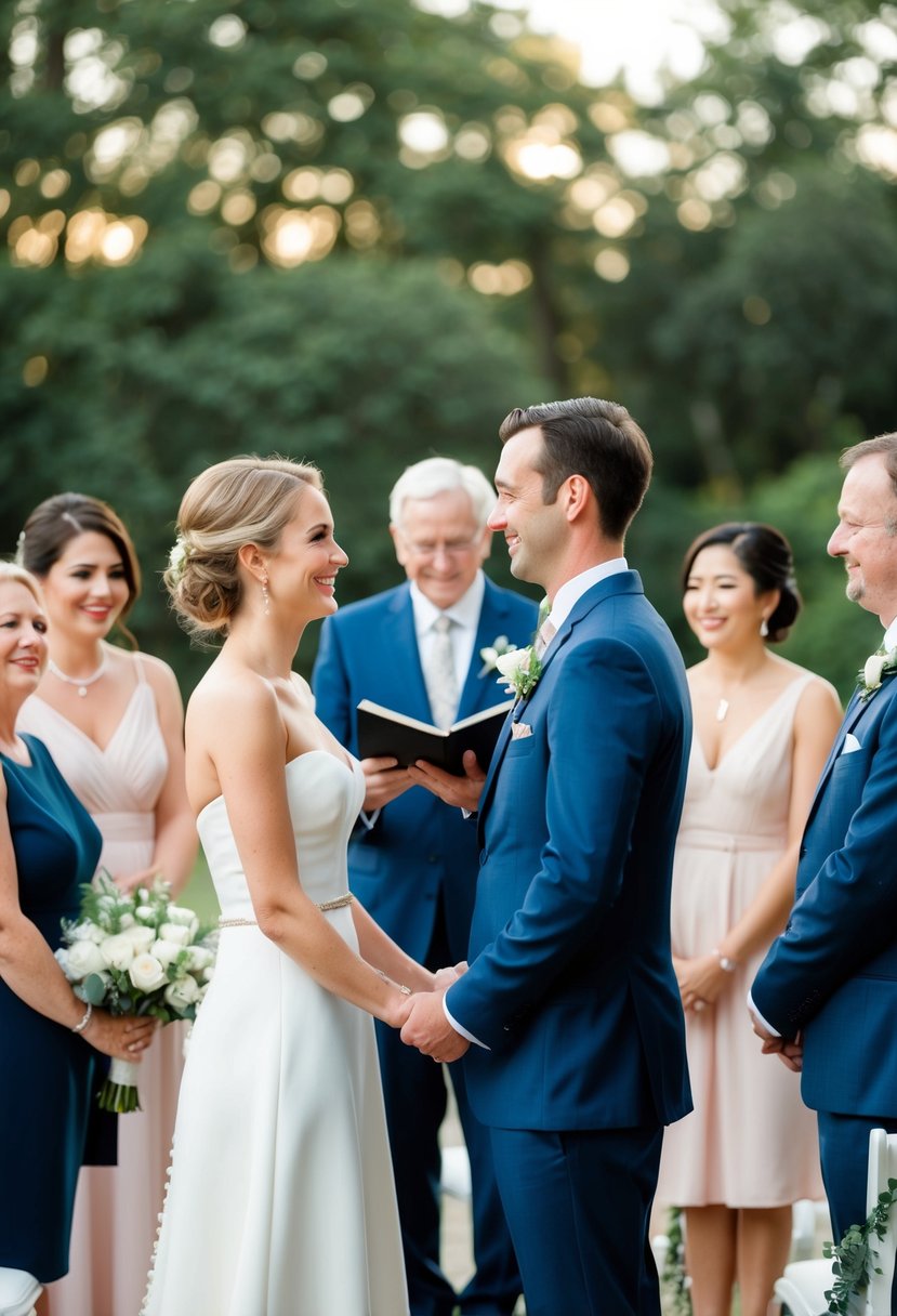 A couple stands facing each other, exchanging heartfelt vows at a simple, elegant civil ceremony. Guests look on with smiles and tears