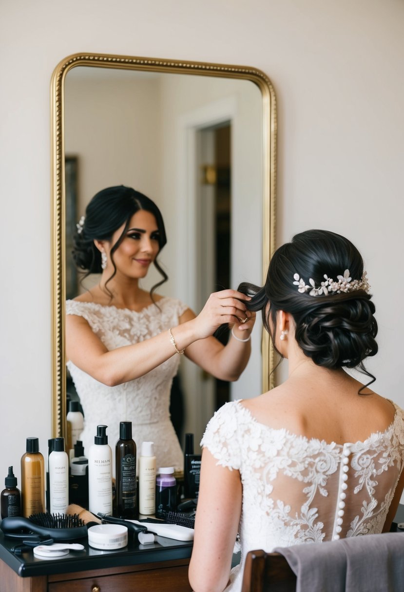 A bride sits in front of a mirror, surrounded by hair products and tools. A hairstylist carefully arranges her hair into an elegant updo, adding the finishing touches